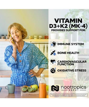 Nootropics Depot Vitamin D3 + K2 with Vitamin C Tablets | 60 Count | Cholecalciferol + Menaquinone-4 (MK-4) | Mood & Bone Health | Healthy Calcium Absorption 1 Count (Pack of 60) - Buy Online on GoSupps.com