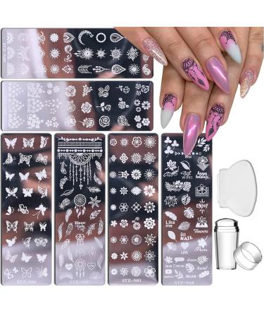 Nail Stamp Plate Kit 6 Pcs Nail Stamping Plates + 1 Stamper + 1 Scraper Butterfly Flower Feather Flowers Maple Leaves Roses Nail Plate Template for Women Retro Fashion Art Decoration