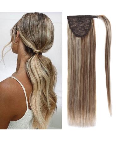 Real Hair Ponytail Extension Human Hair For Women Light Brown and Bleach Blonde Long Straight Remy Human Hair Ponytail Extension Wrap Around Clip in Ponytail Hair Extensions 14 inch 10/613 14 inch Highlight P10/613