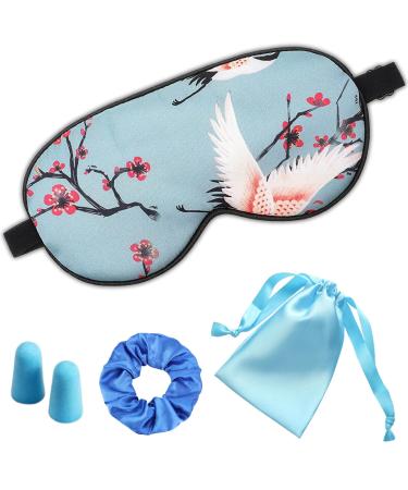 1 Set Sleep Masks with Earplug Storage Bag and Hair Scrunchies Silk Sleep Mask Sleeping Eye Mask Eye Cover Crane Pattern Silk Eye Mask with Adjustable Strap for Women Men Night Sleep (Blue Crane)