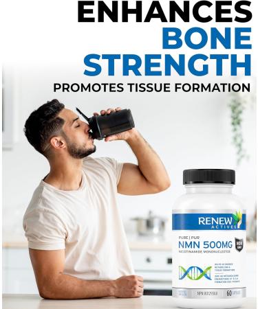 Renew Actives NMN 500MG Supplement - Highest Potency Available. Cellular Health Boosts NAD+ Promotes Longevity Energy Metabolism & Tissue Formation - 60 Capsules - Made in Canada - Buy Online on GoSupps.com