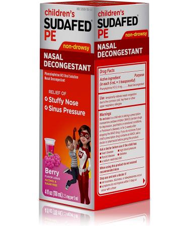 Sudafed PE Children's Nasal Decongestant Liquid - Alcohol and Sugar-Free, Berry Flavored - 4 fl. oz - Buy Online on GoSupps.com