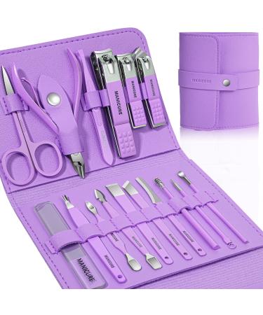 Manicure Set Professional Nail Clippers Pedicure Kit 16 pcs Stainless Steel Nail Care Tools Grooming Kit with Luxurious Travel Leather Case for Thick Nails Men Women Gift (Violet)