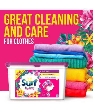 Surf 3-in-1 Tropical Lily Washing Detergent Capsules Brilliant Clean Long Lasting Fragrance and Made with Natural Essential Oil Laundry Detergent XL Pack 45 Washes (Buy 2) Tropical Lily 800 g (Pack of 1) - Buy Online on GoSupps.com