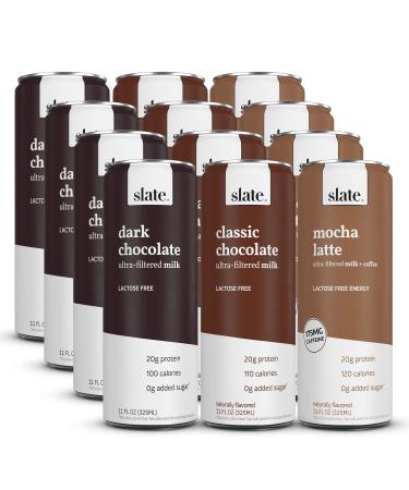 Slate Milk - High Protein Shake, Variety Pack, Classic Chocolate, Dark Chocolate, Mocha Latte, 20g Protein, 0g Added Sugar, Lactose Free, Keto, All Natural (11 oz, 12-Pack) Variety Pack 11 Fl Oz (Pack of 12)