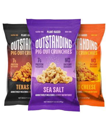 Outstanding Foods Pig Out Crunchies Plant-Based Protein Snacks - Variety Pack: Sea Salt, Texas BBQ, Nacho Cheese Flavors - Baked Not Fried - No Gluten, No Soy, No Trans Fat, Non-GMO - 3.5 oz, 3 Pack Variety Pack 3.5 Ounce (Pack of 3)