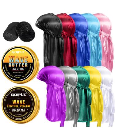 Silky Durags for Men Wave Pomade Strong Hold Easy Wash 360 Wave Training Hair Cream Wave Butter Waves Grease for Men Promotes Layered Waves Silky Satin Durag Extra Long Tails Wave Brush Wave Cap Set