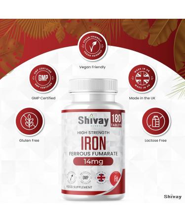Iron 14mg Tablets | 180 Vegan Tablets - 6 Month Supply | High Strength Ferrous Fumarate Supplement | for Tiredness & Fatigue | Made in The UK by Shivay Herbals - Buy Online on GoSupps.com