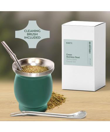Yerba Mate Natural Gourd/Tea Cup Set Green (Original Traditional Mate Cup - 8 oz) | Includes Bombilla (Yerba Mate Straw) & Cleaning Brush | Green Stainless Steel | Double-Walled | Easy to Clean - Buy Online on GoSupps.com