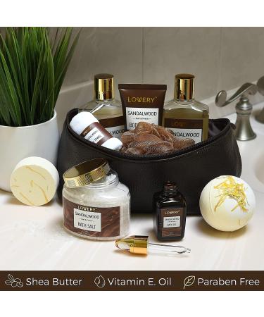 Sandalwood Bath Gift Set for Him - Personal Care Spa Kit in Leather Bag | Relaxing Man Gift Basket with Shower Gel, Bubble Bath, Body Oil, Bath Bomb & More - Buy Online on GoSupps.com