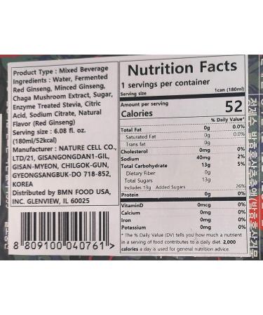 Korean Food Red Ginseng Drink with Siberian Chaga 9-Steamed 9-Dried Ginseng Vegan-Friendly 15 Cans 180ml (6.08 fl oz) Naturecell - Buy Online on GoSupps.com