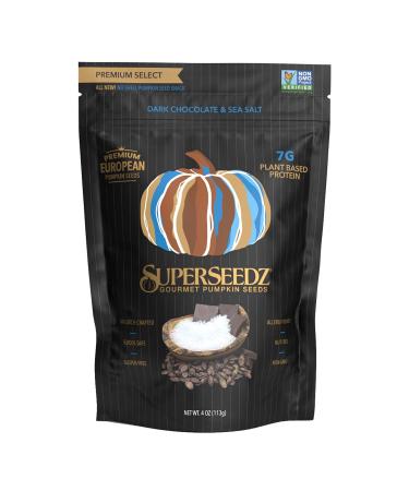 DARK CHOCOLATE & SEA SALT PUMPKIN SEEDS | PREMIUM SELECT LINE BY SUPERSEEDZ | WHOLE 30 | VEGAN | KETO | 7G PLANT BASED PROTEIN | PRODUCED IN USA | NUT FREE | GLUTEN FREE SNACK | (6-PACK 4OZ EACH) Dark Chocolate & Sea Salt 1 Count (Pack of 6)