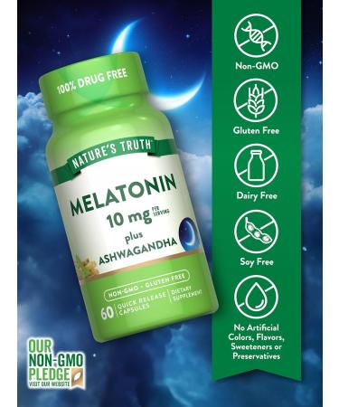 Nature's Truth Melatonin 10mg with Ashwagandha | 60 Capsules | Non-GMO & Gluten Free Supplement for Adults - Buy Online on GoSupps.com