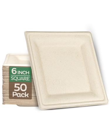 100% Compostable Square Paper Plates 6x6 inch - 50-Pack Elegant Disposable Plates Heavy-Duty Quality, Natural Bagasse Unbleached, Eco-Friendly Made of Sugar Cane Fibers, 6" Biodegradable Plate 6'' Square
