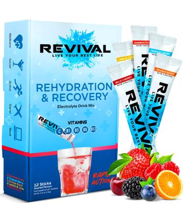 Revival Rapid Rehydration Electrolytes Powder - High Strength Vitamin C B1 B3 B5 B12 Supplement Sachet Drink Effervescent Electrolyte Hydration Tablets - 12 Pack Assorted Flavours 12 Servings (Pack of 1) Assorted Flavours
