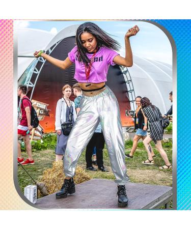 Women's Metallic Shiny Hip Hop Pants - 70s Disco Punk Trousers for Carnival, Halloween, Rave Dance Party - Silver - Buy Online on GoSupps.com