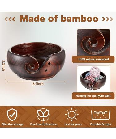 Handmade Wooden Yarn Bowl with 12 Crochet Hooks - Dark Brown 7x7x3 Inch - Crocheting & Knitting Storage and DIY Crafts Tools - Buy Online on GoSupps.com