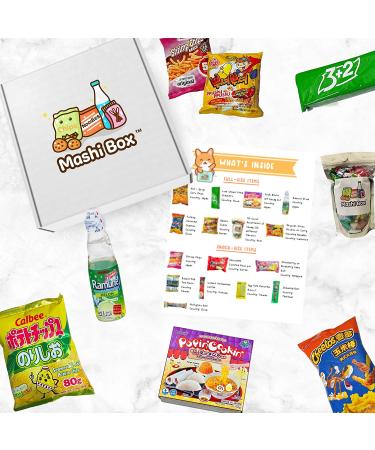 Mashi Box Deluxe Asian Dagashi Snack Box - 55 Pieces with Ramune Drink, Noodles, Chips, and Candy - Buy Online on GoSupps.com