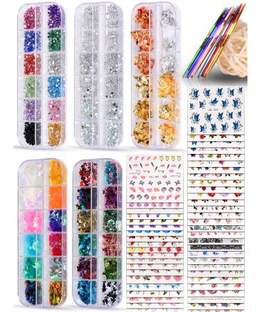 Spearlcable Nail Art Decoration Kit,50 Sheets Nail Stickers Crystal Rhinestones Set Holographic Butterfly Glitter Nail Foil Nail Tape Strips Iridescent Nail Sequins Flake for Acrylic Nail Art