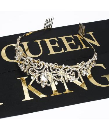 Prom King & Queen Crown Set + Sashes | Gold Crown, Black Satin Sash | Graduation & School Party Accessories - Buy Online on GoSupps.com