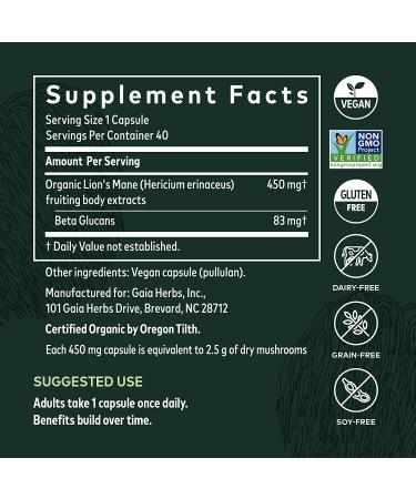 Buy Gaia Herbs Lion's Mane Mushroom â€“ 40 Vegan Capsules for Brain Health - Buy Online on GoSupps.com