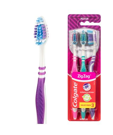 Colgate Zig Zag Medium Toothbrush Pack of 3 Multi Angle Cross Bristles with Flexible Neck for Gum Comfort 3 Count (Pack of 1). Zigzag