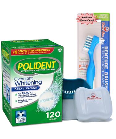 Polident Overnight Whitening Denture Cleaner Tablets 120 Tablets Bundle with Dentu-Care Denture Case with Lid and Dentu-Care Denture Brush for Maintaining Good Clean Full/Partial Dentures