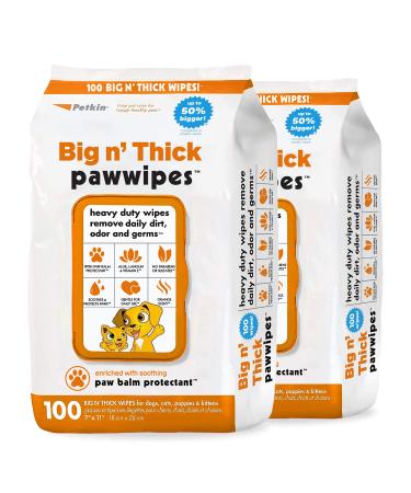 Petkin Big N' Thick Paw Wipes, 100 Orange Scented Wipes - Heavy Duty Pet Paw Wipes Remove Daily Dirt & Odors - Enriched with Soothing Paw Balm - Easy to Use Pet Wipes for Dogs, Cats, Puppies & Kittens 2 Pack - 200 Wipes