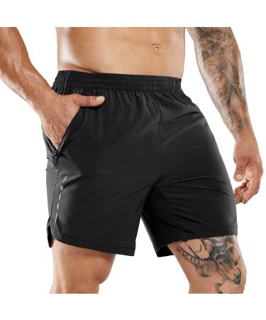 MIER Men's Running Shorts 7" Quick Dry Gym Athletic Workout Shorts with Zipper Pockets Black Medium