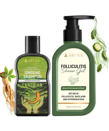 ABERA Folliculitis Body Wash for Men & Women High-Performance Shower Gel with BHA Wild Bitter Melon & Tea Tree 1 Box + Ginseng Anti Dandruff Shampoo Scalp Fungus Treatment Reduce Itching (Set 2) D. Set 2