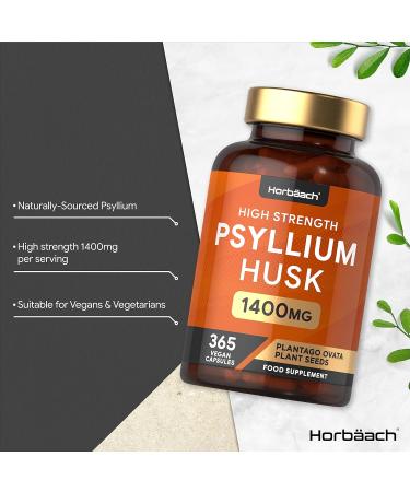 Psyllium Husk Capsules 1400mg - 365 Vegan Capsules | High Strength Fibre Supplement with Natural Prebiotic | by Horbaach - Buy Online on GoSupps.com