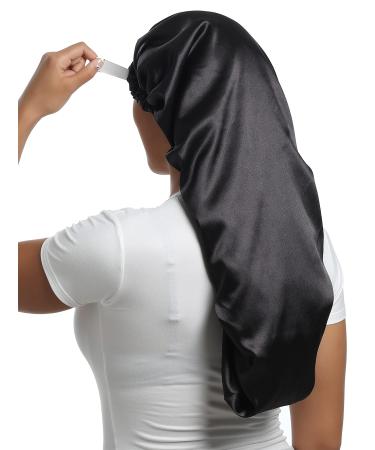 SAYMRE Satin Bonnet Silky Sleep Cap,Adjustable Hair Bonnet for Braids Curly Hair Small-XX-Large Long Black
