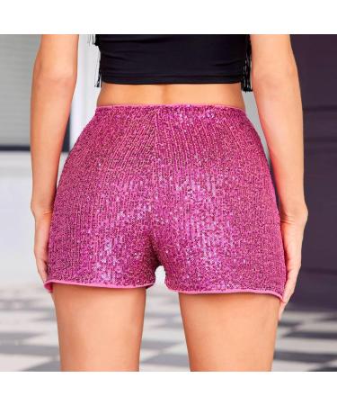 Duohropke Women's Metallic Hot Pants Glitter Sequins High Waist Shorts for Dance Disco & Carnival - Hot Pink - Buy Online on GoSupps.com