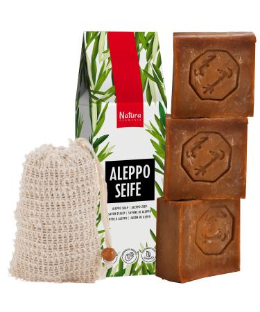 Natura Germania 3x each approx. 200 gr (approx. 600 gr) original Aleppo soap set 60% olive oil / 40% laurel oil + sisal soap bag | Known from public broadcasting - natural soap - Buy Online on GoSupps.com