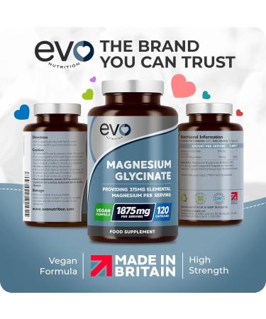 Magnesium Glycinate Supplement - 120 Vegan Capsules | 1875mg Per Serving & 375mg Elemental Magnesium | 100% Daily NRV | High Strength for Maximum Bioavailability | Made in UK by EVO Nutrition - Buy Online on GoSupps.com