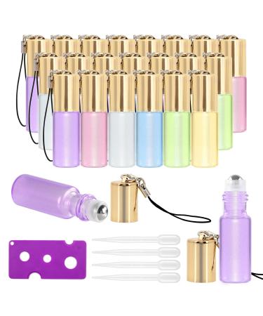 mavogel Essential Oil Roller Bottles - 24 Pack 5ml Pearl Colored Glass Roller Bottles with Stainless Steel Roller Balls Essential Oil key Opener and Droppers Included