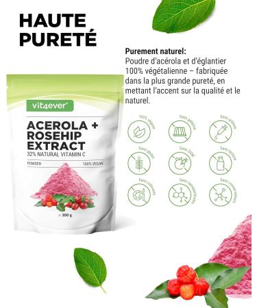 vit4ever Poudre d ac rola & cynorrhodon 300 g r serve de 6 6 mois 200 portions avec 1500mg d extrait dont 485mg de vitamine C naturelle base d ac rola et de cynorrhodon vegan sans additifs 300 g (Lot de 1) - Buy Online on GoSupps.com