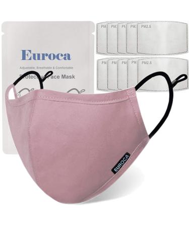 Euroca Cloth Face Mask 3 Layer Reusable Washable Adjustable with Filter Pocket for Adult -1 Mask with 10 Filters Mauve Small