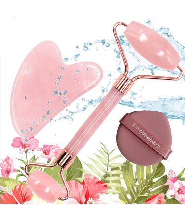 Rose Face Roller Gua Sha Facial Tools Natural Beauty Skin Care and Sculpting Set Facial Maasage to Reduce Puffiness and Improve Wrinkles for Neck & Eyes Powder Puff-Dual-Sided