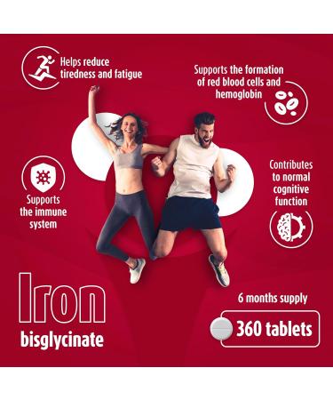 Iron Bisglycinate 28 mg - Iron Tablets 6 Month s Supply - 360 Iron Tablets High Strength Gentle Iron - Iron Supplements Suitable for Vegans - Best Immune System Booster for Women & Men - Made in UK - Buy Online on GoSupps.com