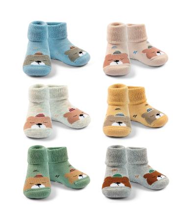 Moon Tree Baby Non Slip Winter Socks Boys With Grips Warm Socks Girls Thick Towelling Socks 6 Pairs 0-12 Months Sleeping Bear Mix 5912