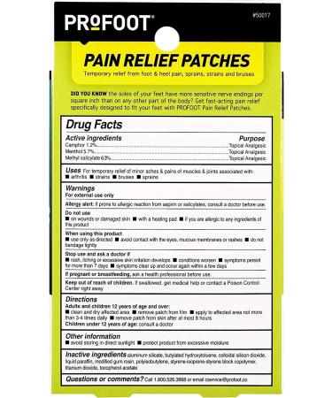 PROFOOT Pain Relief Patches - Cooling Camphor & Menthol - 6 Count - Up to 8 Hours Relief - Foot & Heel Pain, Sprains, Strains, Bruises - Buy Online on GoSupps.com