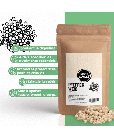 Spicy Welt Poivre Blanc Entier (100g) Grains de Poivre Blanc pour Moulin | Id al Poisson Volaille Sauce Cr me & B chamel | Saveur Fine & Assaisonnement Discret | 100% Naturel Sans Additifs - Buy Online on GoSupps.com