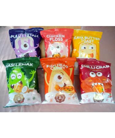 The Kettle Gourmet Crazy Asian Flavored Popcorn Pack of 6 Chicken, Fish Head Curry, Pulut Hitam (Black Sticky Rice), Kaya Butter Bread, Nasi Lemak, Chilli Crab 65g, Halal