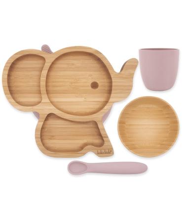 Bamboo and silicone weaning kit elephant suction cup bamboo bowl and silicone cup and spoon. (Pink) Rose