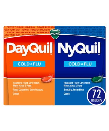 Vicks DayQuil  NyQuil LiquiCaps Cough Cold  Flu Relief Sore Throat Fever  Congestion Relief Day  Night Relief 72 LiquiCaps (48 DayQuil 24 NyQuil) 72 Count (Pack of 1)