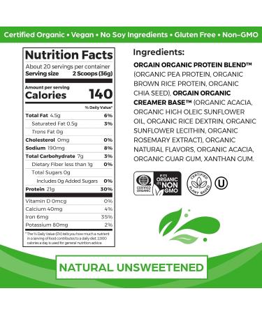 Orgain Organic Unflavored Vegan Protein Powder Natural Unsweetened 21g of Plant Based Protein Non Dairy Gluten Free No Sugar Added Soy Free - 1.59 lb - Buy Online on GoSupps.com