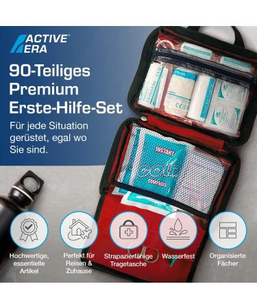 90-Part Premium First Aid Set - Includes Cooling Packs Eye Rinsing Rescue Blanket - Ideal for Home Office Car - Red Color - Buy Online on GoSupps.com