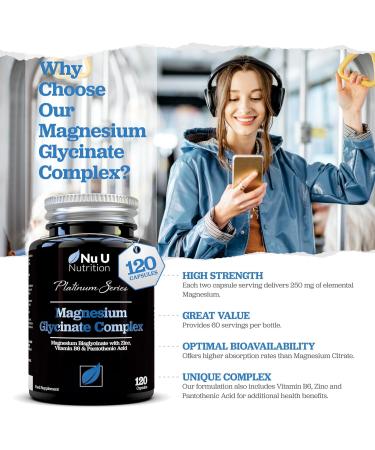 Magnesium Glycinate Capsules with Vitamin B6, Zinc & Pantothenic Acid - 120 Vegan Capsules | 250mg Elemental Magnesium per Serving - High Strength Bisglycinate Supplement - Buy Online on GoSupps.com