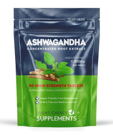 Ashwagandha 1000mg - Pure High Strength Root Extract Supplement for Mood Stress & Stamina (not Capsules) - KSM-66 Ayurveda Also Known As Withania Somnifera - 90 Vegan Tablets Made in The U.K